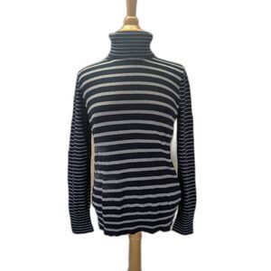 LL Bean Cashmere/ Cotton Blend Turtleneck Sweater Navy/ Gray Stripe SZ M